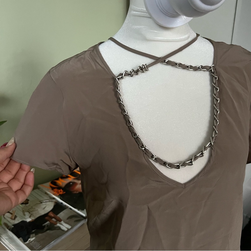 Vintage 100% Silk Y2K Taupe Lace Chain Tie-Up Peep Hole Silk Short Sleeve Blouse - Picture 6 of 16